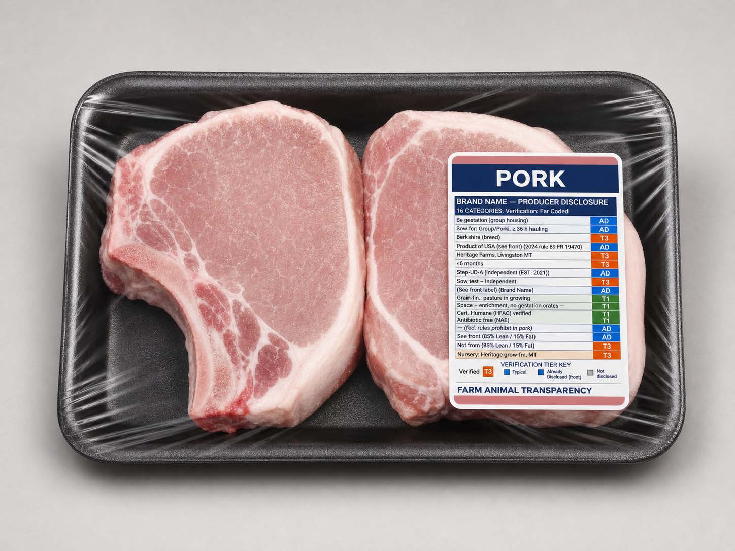 A pork cut in retail wrap carrying a Farm Animal Transparency 16-category disclosure label, coded by verification tier.