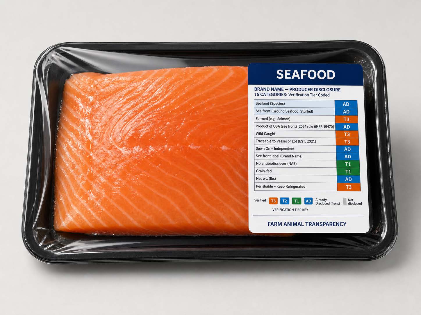 A salmon fillet in retail wrap carrying a Farm Animal Transparency 16-category disclosure label, coded by verification tier.